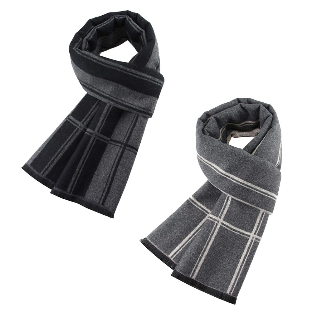 6475 2 Packs Cashmere Feel Scarf for Winter, Lattice Grid Plaid Stripe